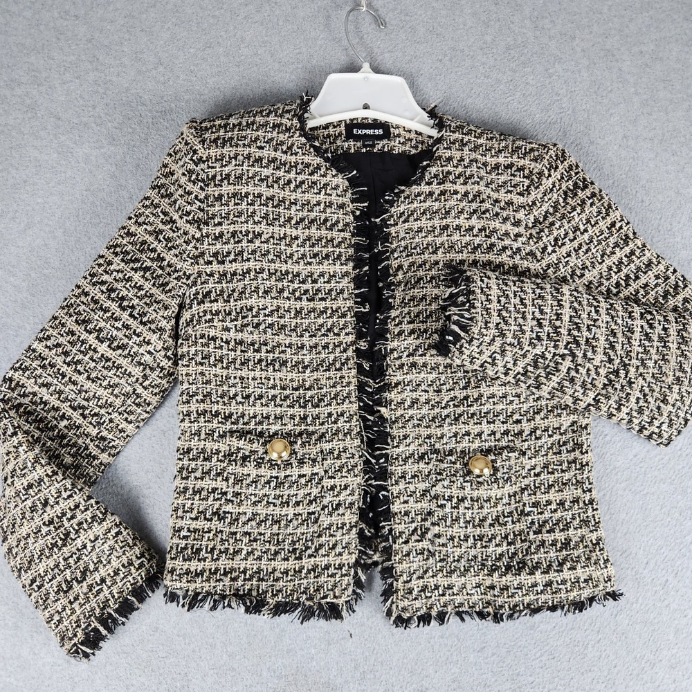 Express Jacket Womens XS Multi Gold Tweed Boucle Lined Frayed Trim Open Front